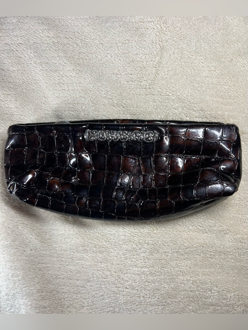 Brighton Brown Croc Embossed Patent Cosmetic Pouch Makeup Bag Leather Trim